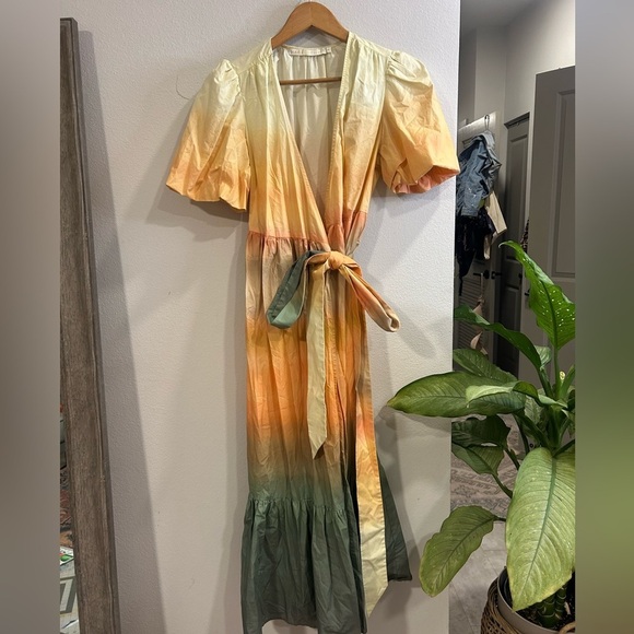 Marie Oliver Tie Dye Puff Sleeve Cotton Maxi Dress with Belt M